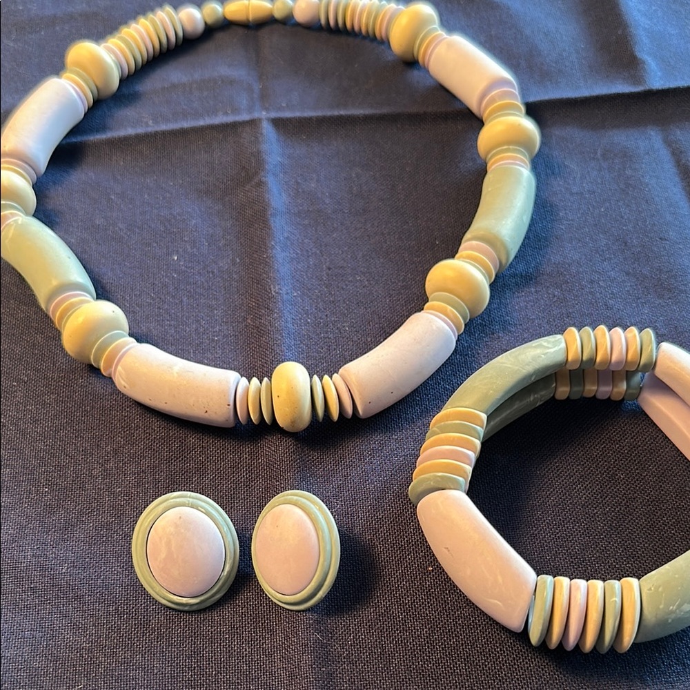 Vintage Green and Cream Necklace with Metallic Accents